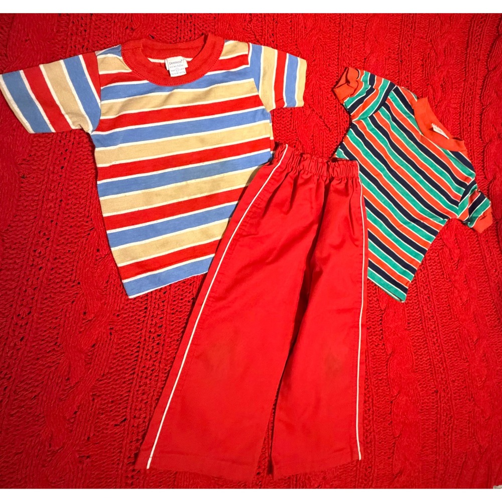 Vintage 70s Kids Health-tex Donmoor Striped Shirt Pants Set 2T Made in USA Red